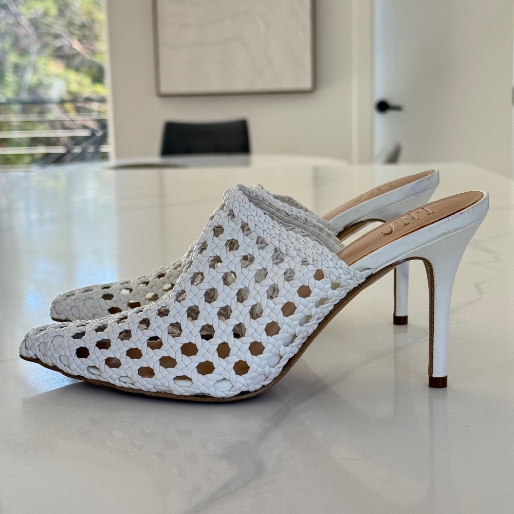 INC International Concepts White Woven Mule Heels “Celestia”